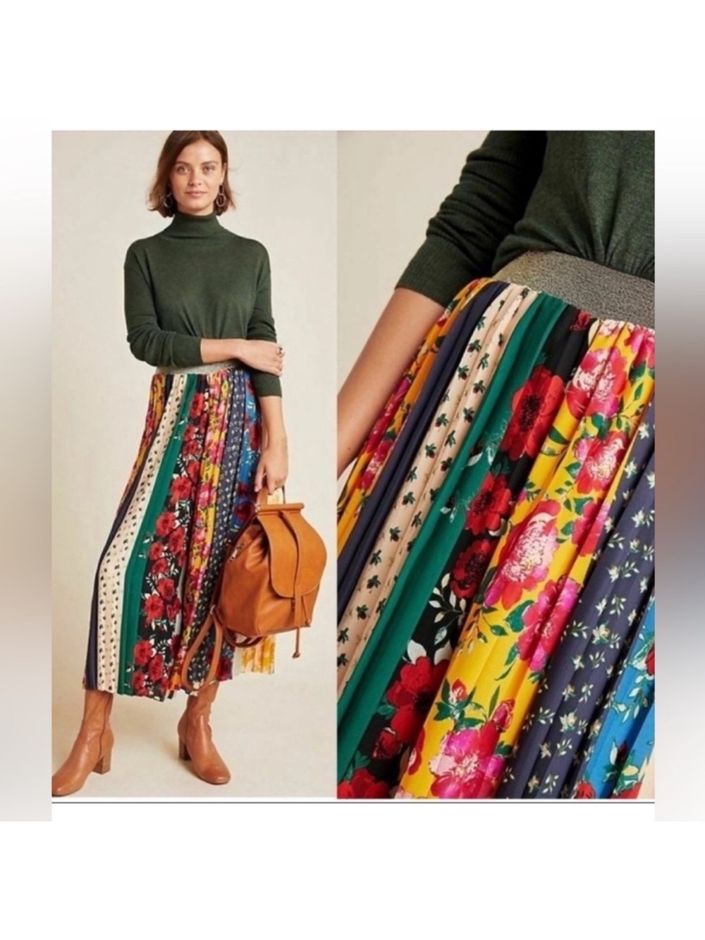 Anthropologie Mixed Floral Panel Pleated Cropped Pants Green, Yellow, Navy, Pink